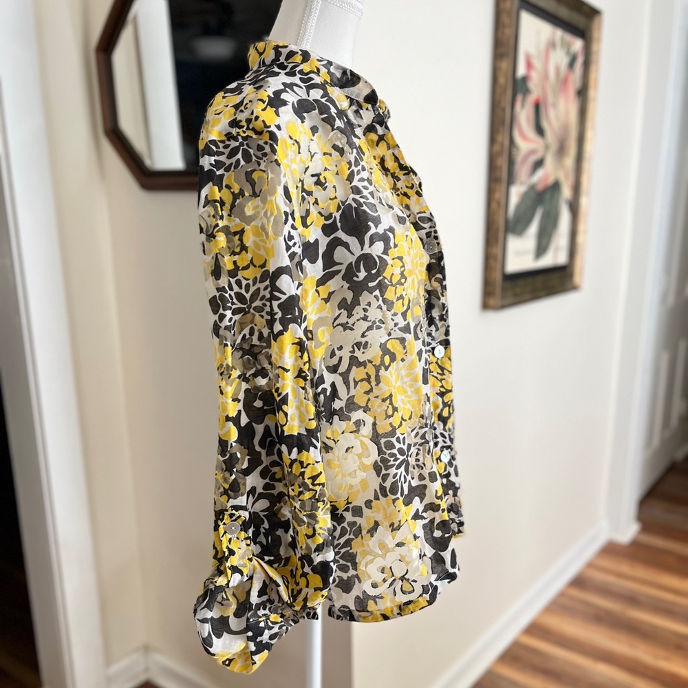 Ruby Rd. Floral Blouse in Yellow and Gray, sheer, long sleeve, front buttons - Picture 10 of 14